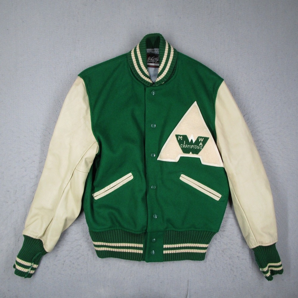 Vintage Whiting Los Angeles Varsity Letterman Jacket Green Wool Leather Mens 42
